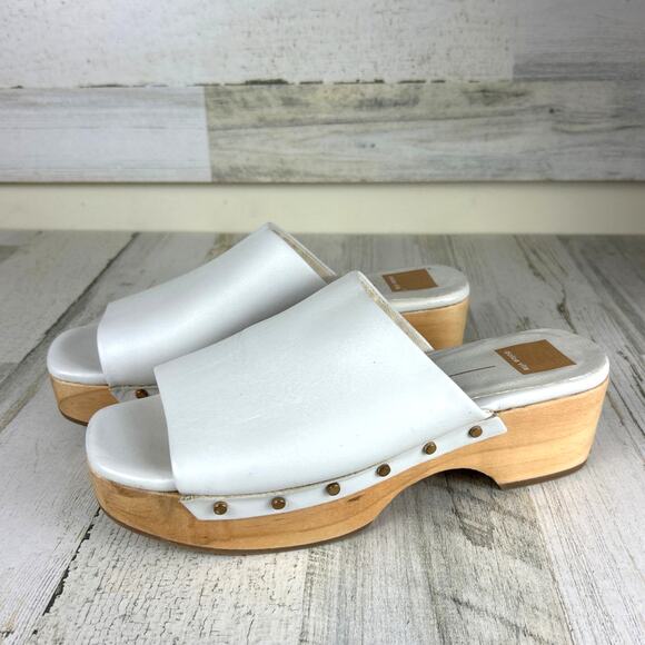 Dolce Vita Women’s 8 Dorado White Leather Slip-On Wood Platform Clog Sandals - Picture 1 of 8